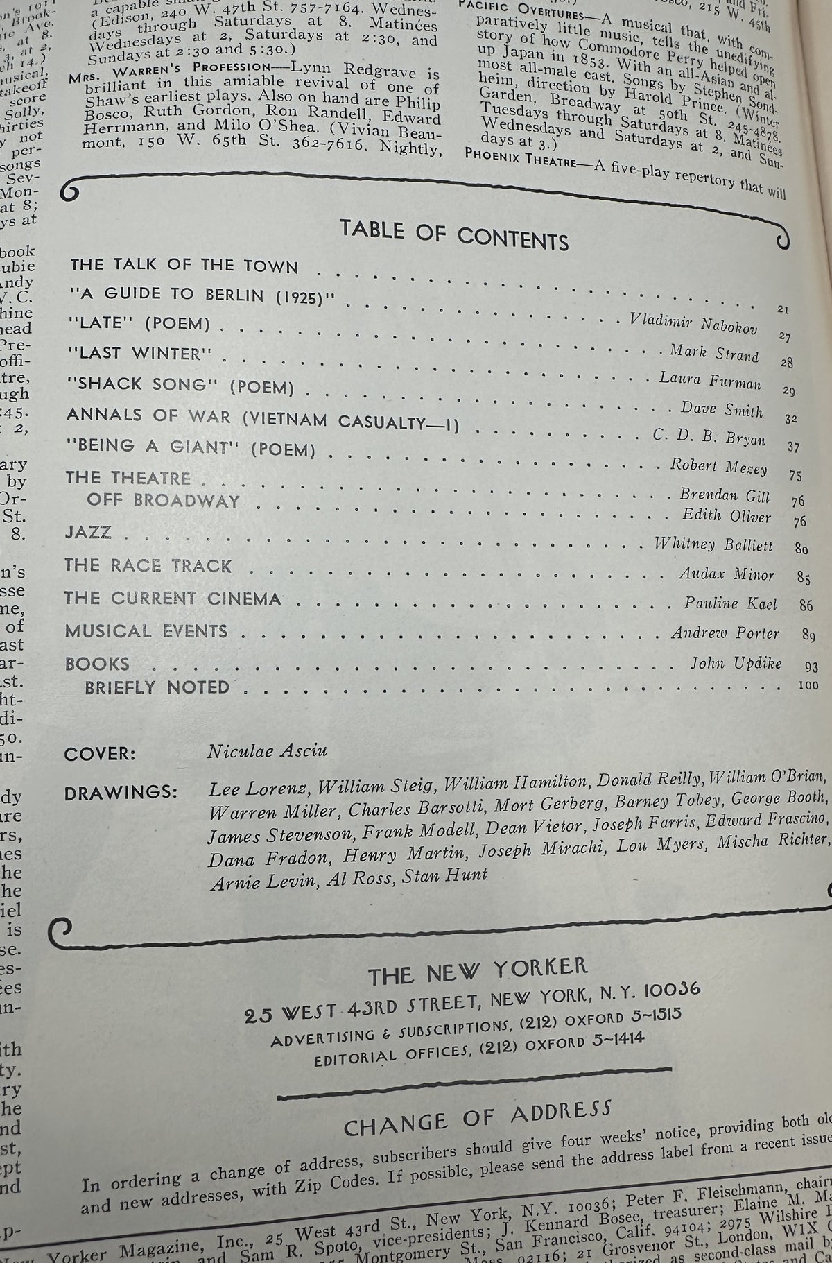 The New Yorker Magazine March 1, 1976 War Monument Niculae Asciu Cover VG, interior table of contents page featuring articles, poems, reviews, cover credit, and drawing credits