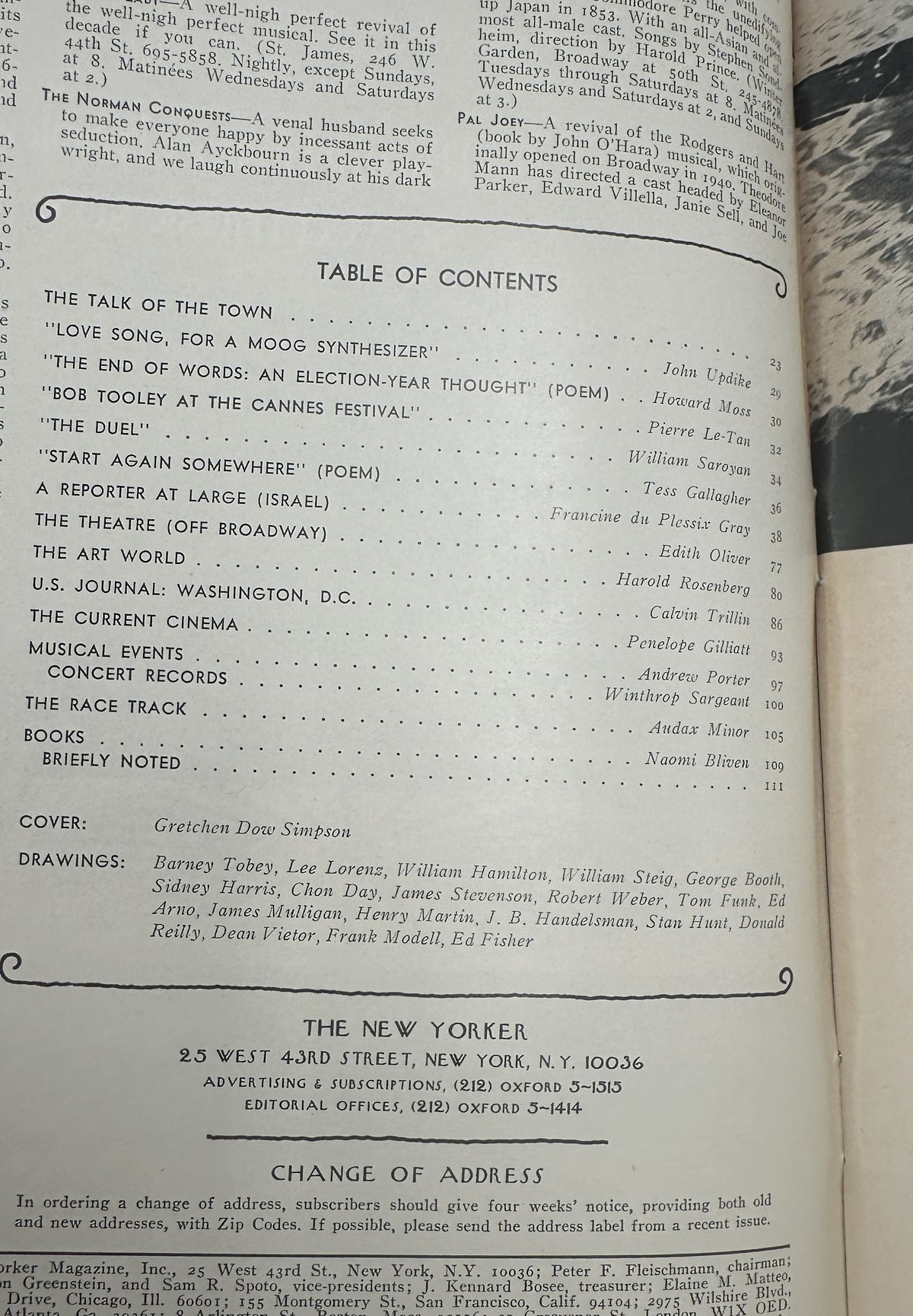 The New Yorker Magazine June 14, 1976 Highway Overpass Gretchen Dow Simpson Cover VG, showing the interior table of contents page with articles, poems, reviews, and contributor listings.