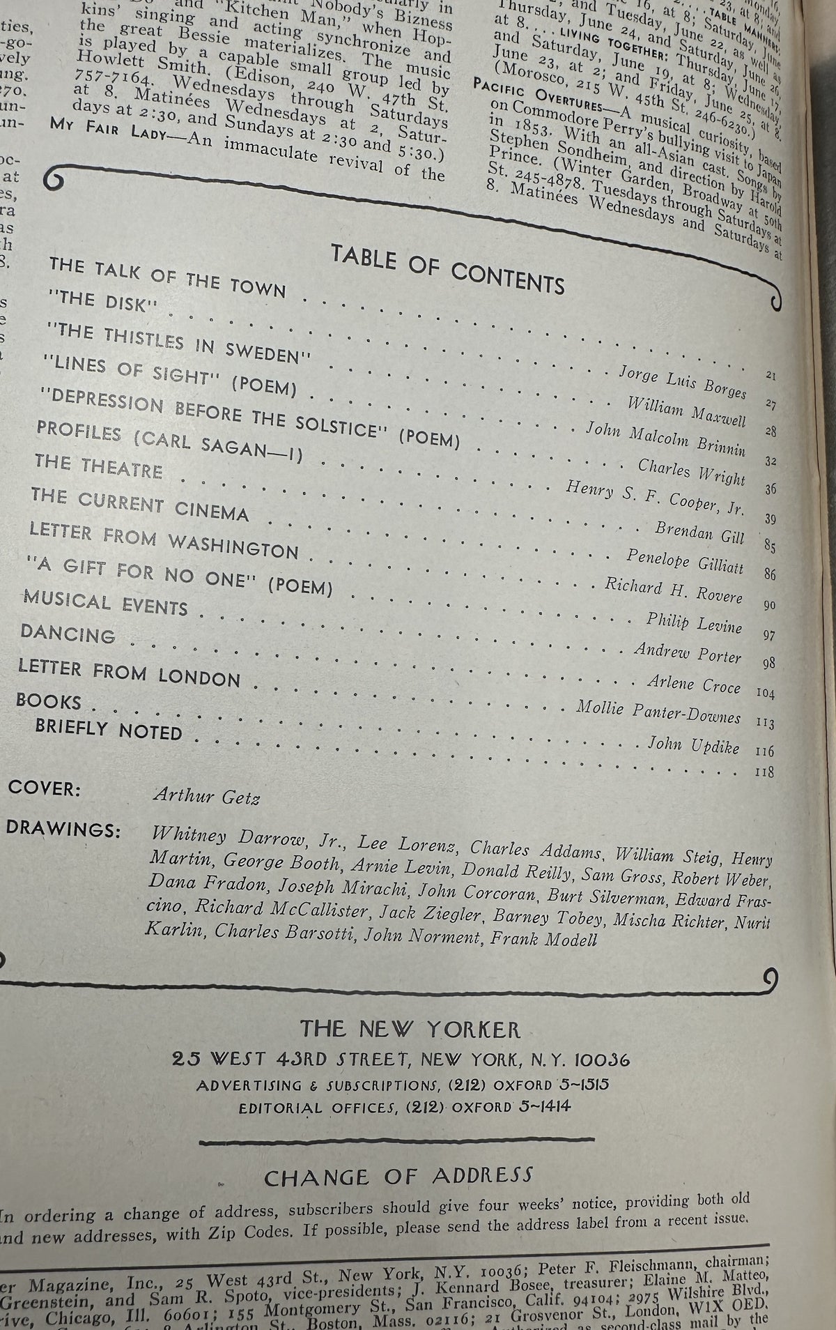 The New Yorker Magazine June 21, 1976 Bicycle Path Arthur Getz Cover VG, opened to the printed table of contents page listing articles, poems, profiles, theater, cinema, books, and drawings.