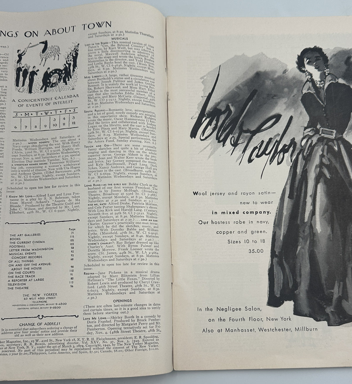 The New Yorker Magazine November 5, 1949 interior spread featuring magazine text, illustrations, and a vintage fashion advertisement