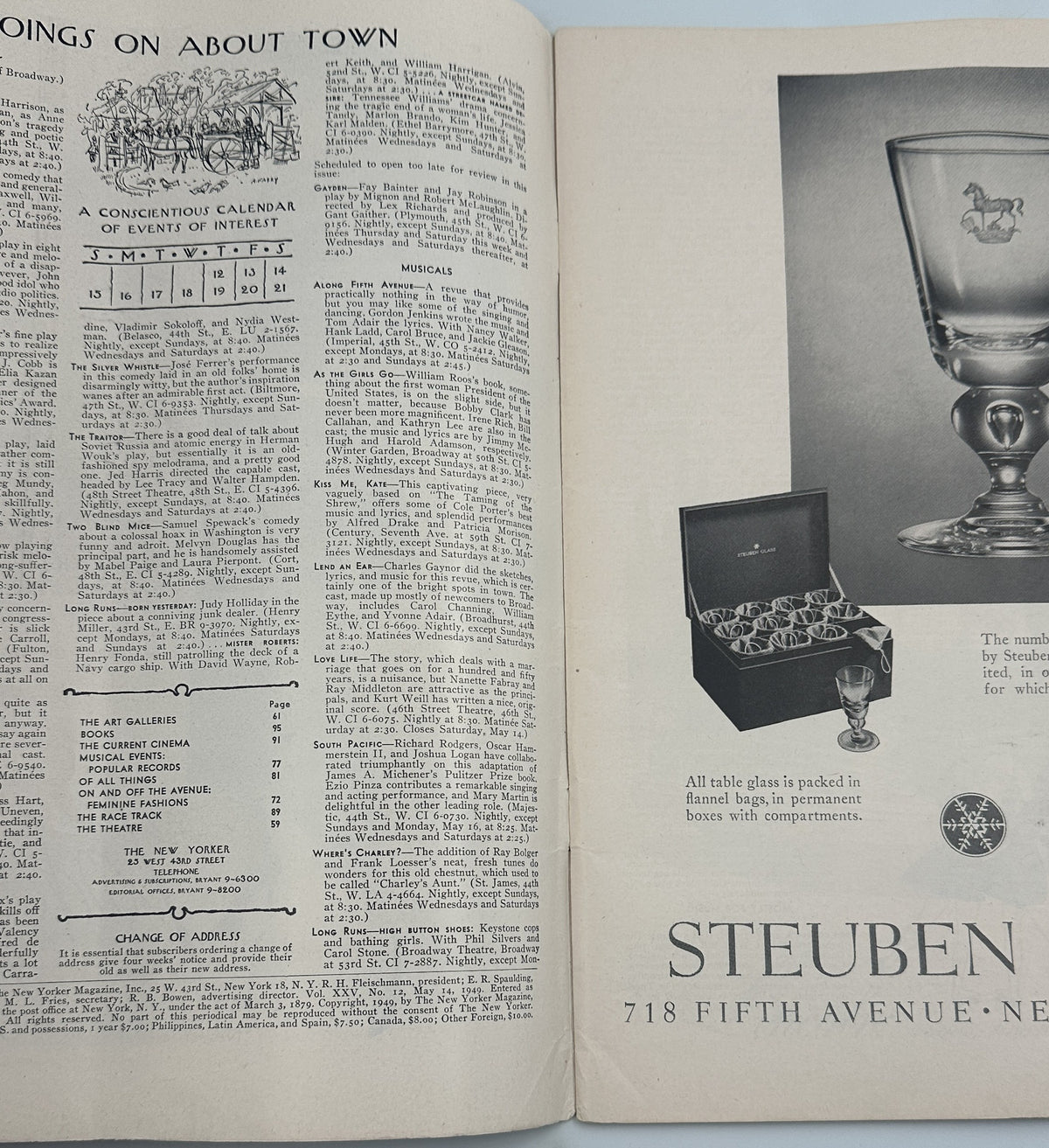The New Yorker Magazine May 14, 1949 City Schoolyard Edna Eicke Cover interior spread featuring the Going's on About Town listings and a vintage Steuben glassware advertisement.