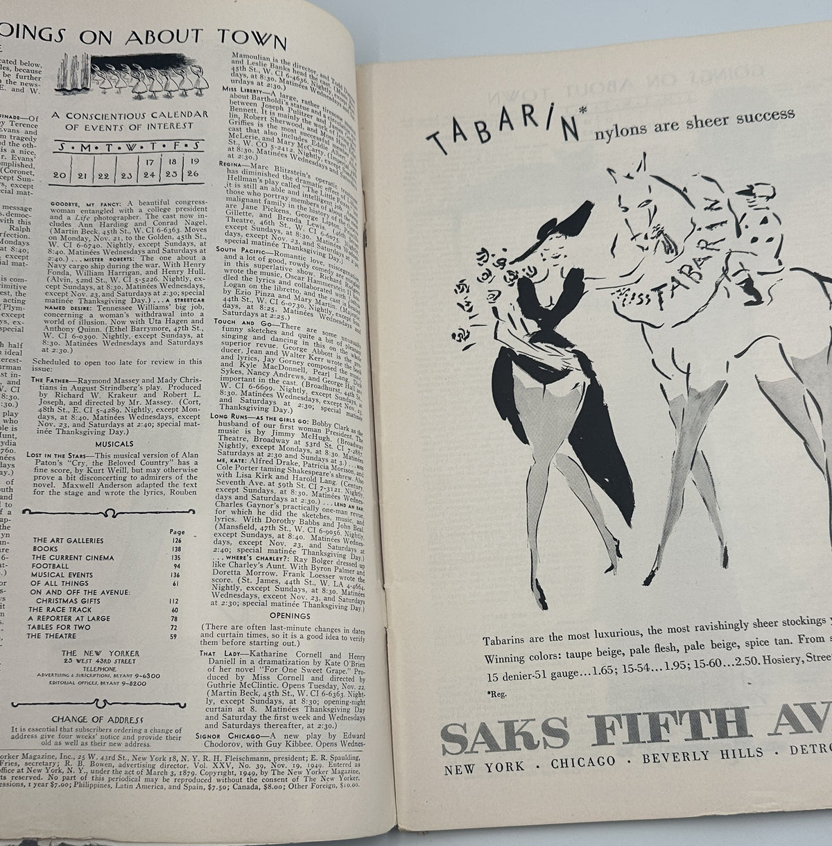 The New Yorker Magazine November 19, 1949 Observatory Telescope Charles Addams Cover, interior spread with magazine listings and a Tabarin nylon advertisement featuring dancing figures.