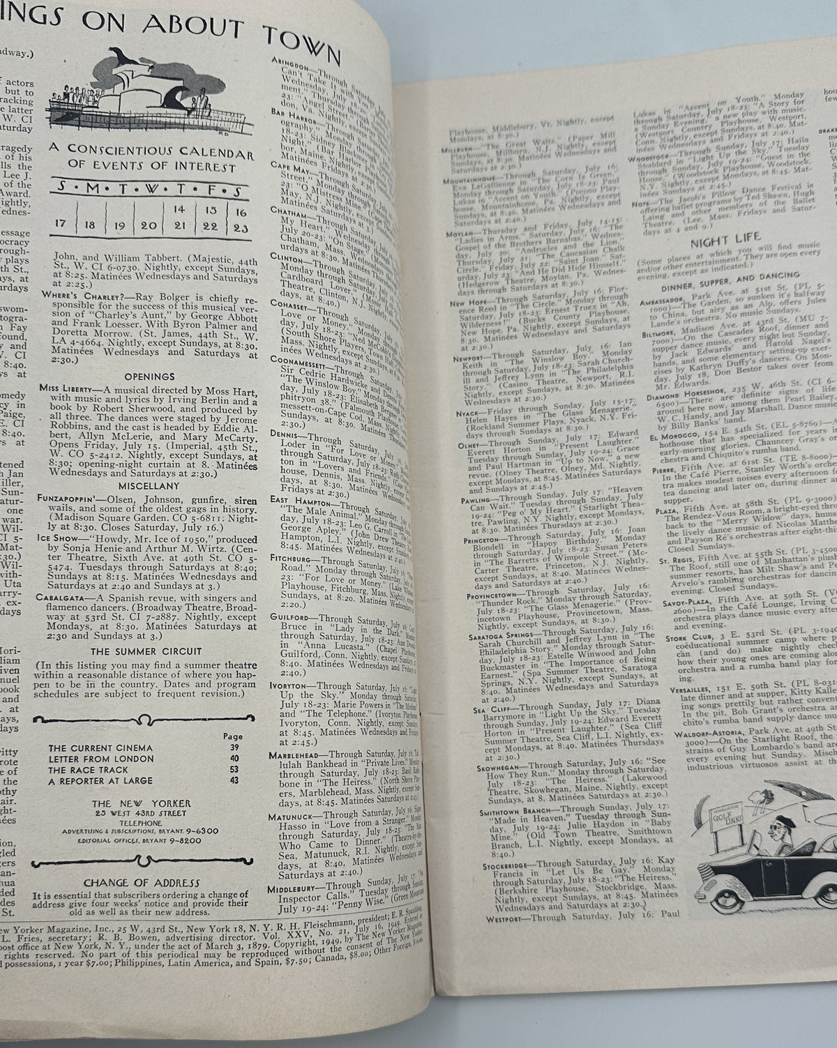The New Yorker Magazine July 16, 1949 Gazebo Radio Garden Mary Petty Cover interior contents spread with vintage articles, listings, and black-and-white illustrations