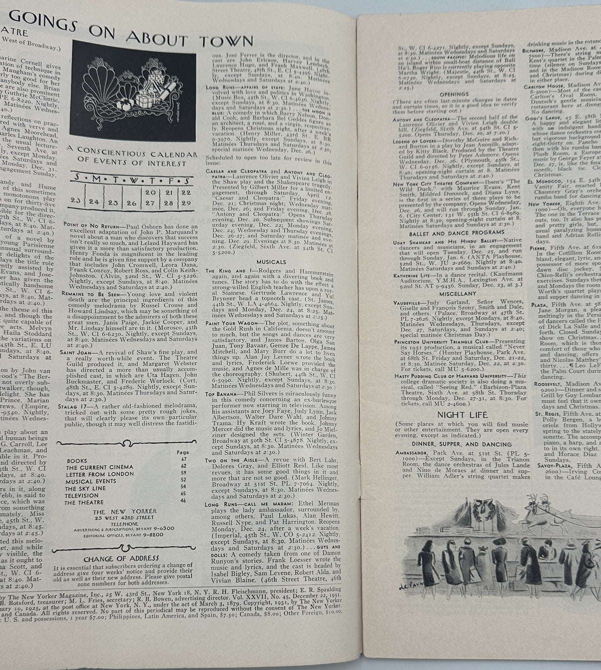 The New Yorker Magazine December 22, 1951 Christmas Wise Men William Cotton Cover, open to an interior Goings On About Town contents and listings spread with illustrations.