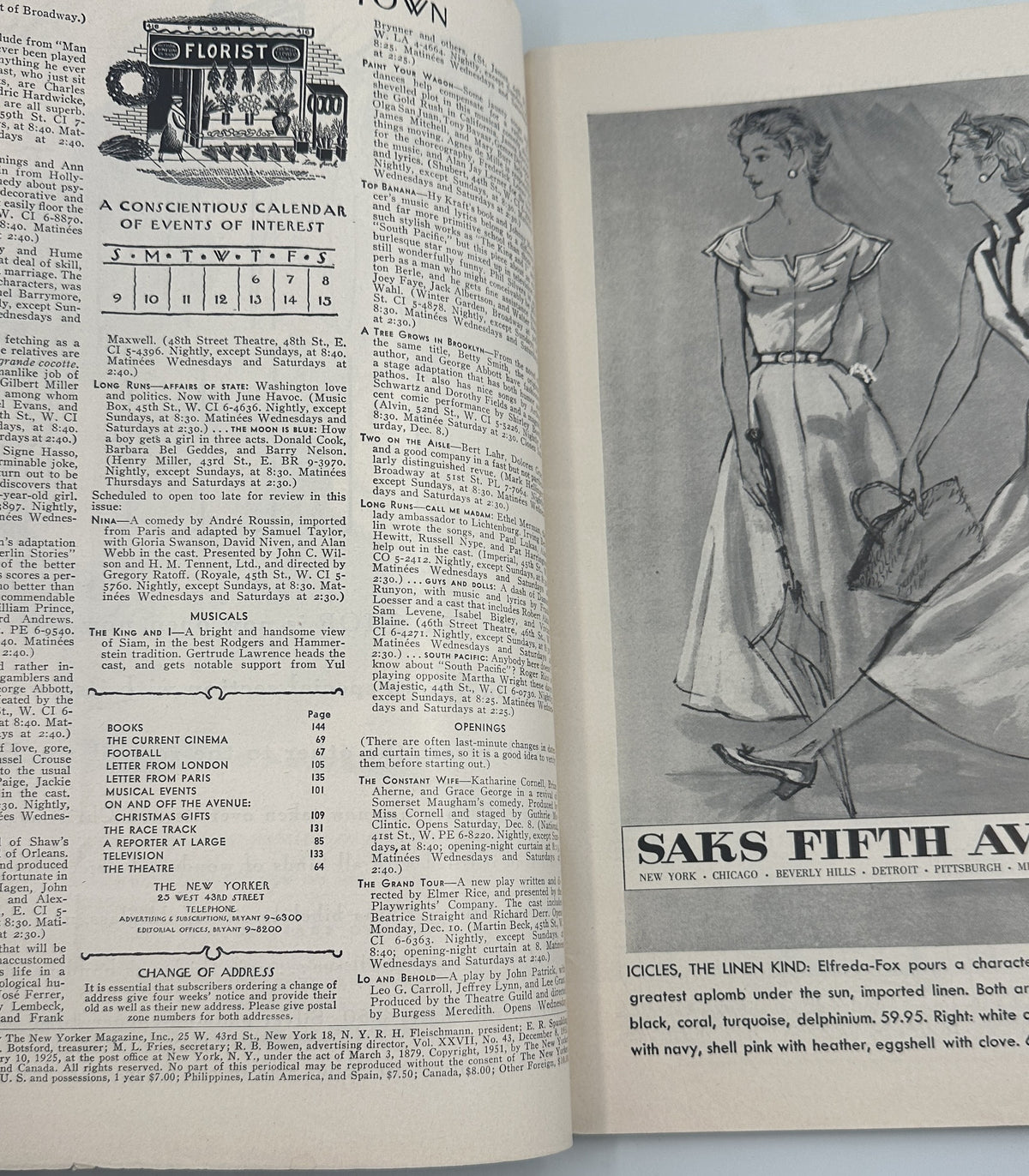 The New Yorker Magazine December 8, 1951 Christmas Classroom Abe Birnbaum Cover interior pages showing the table of contents, florist calendar, and Saks Fifth Avenue fashion advertisement
