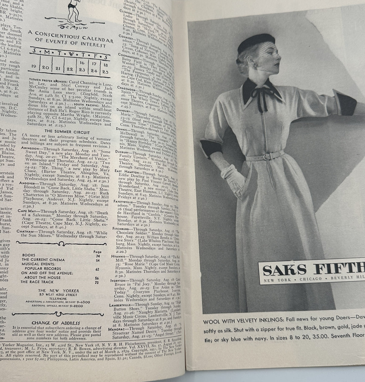 The New Yorker Magazine August 18, 1951 Craft Shop Roger Duvoisin Cover opened to the table of contents and a Saks Fifth Avenue fashion advertisement