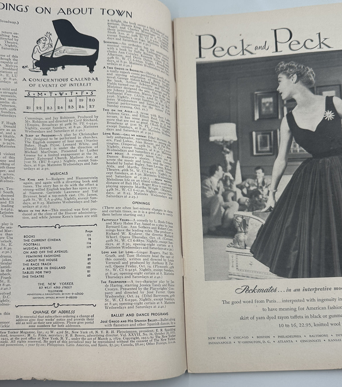 The New Yorker Magazine October 20, 1951 Fall Cleanup Abe Birnbaum Cover opened to an interior spread featuring the Table of Contents and a Peck and Peck fashion advertisement with a woman in a black dress.