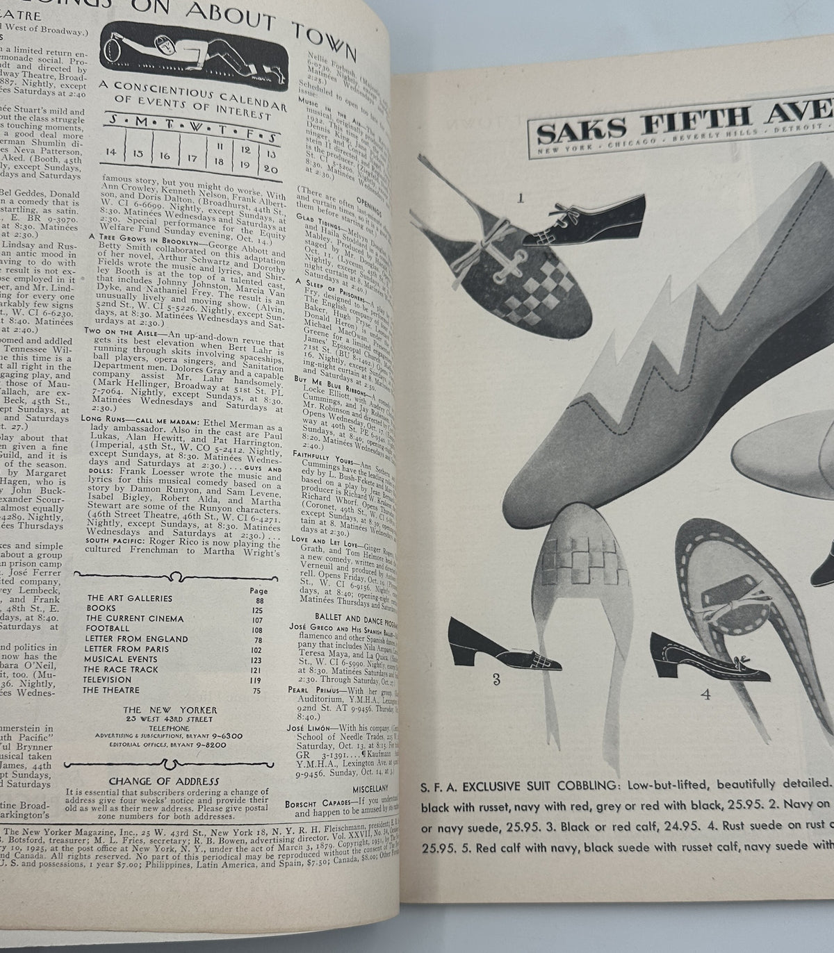 The New Yorker Magazine October 13, 1951 Night Street Cinema Arthur Getz Cover opened to an interior page with contents and Saks Fifth Avenue shoe advertisement