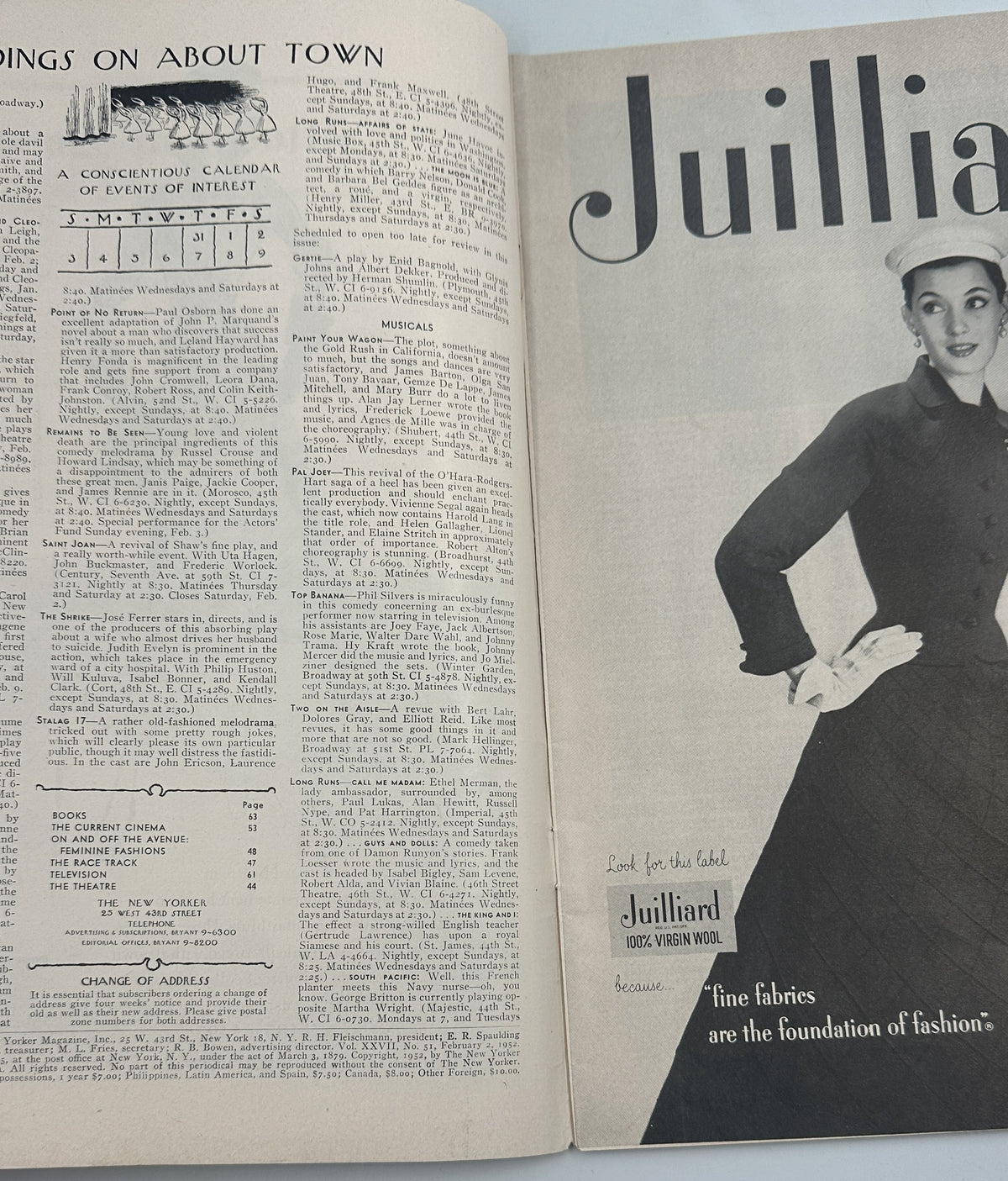 The New Yorker Magazine February 2, 1952 Ski Jump Abe Birnbaum Cover shown open to an interior fashion advertisement featuring a woman in a dark dress