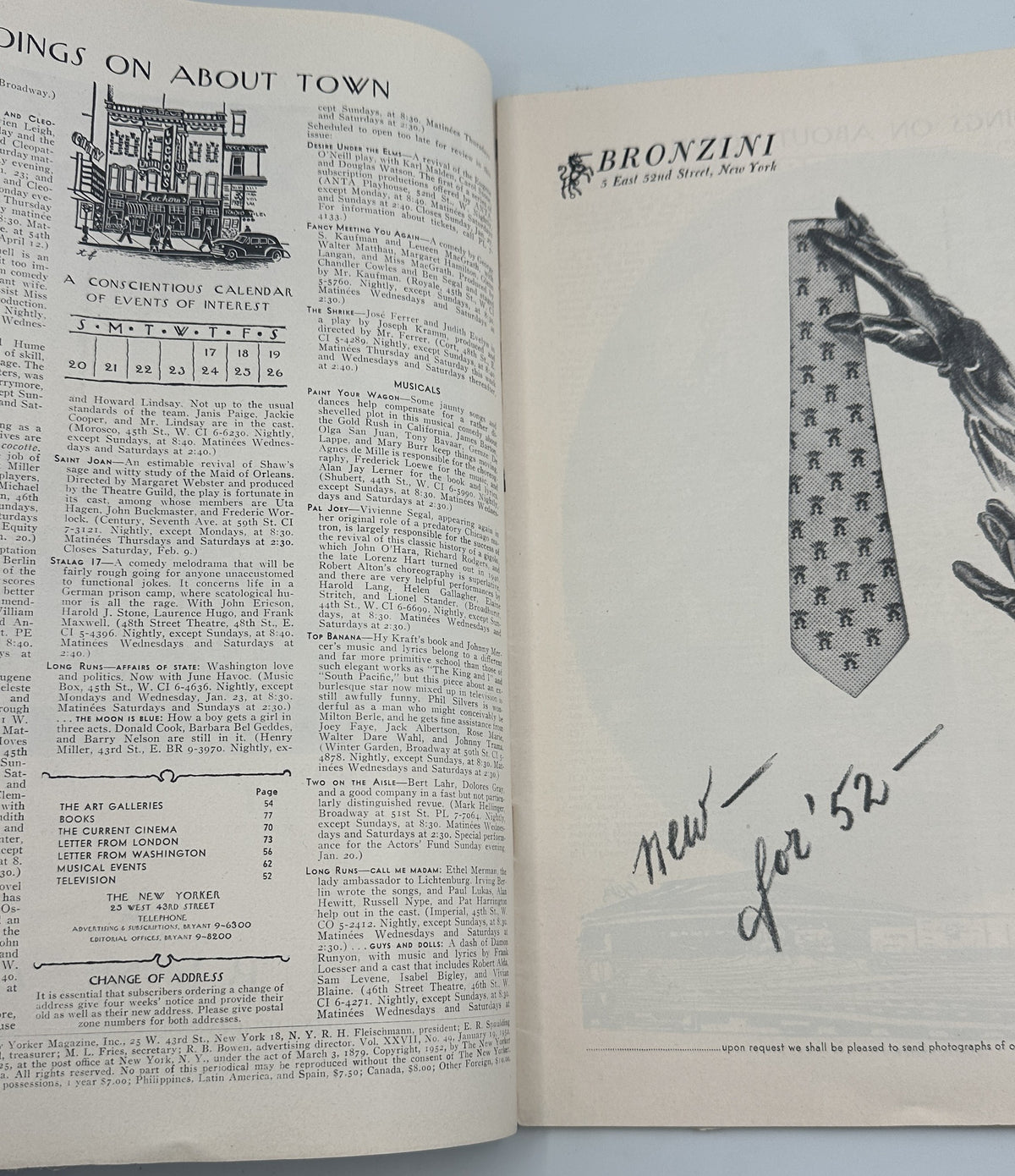 The New Yorker Magazine January 19, 1952 Snowstorm Garrett Price Cover opened to an interior spread with illustrated editorial content and a Bronzini necktie advertisement