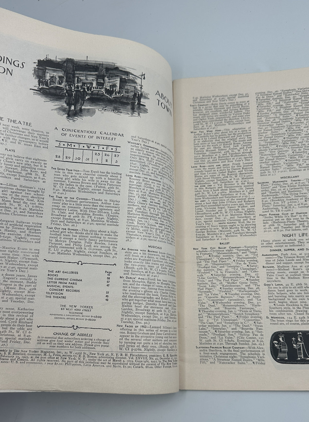 The New Yorker Magazine December 27, 1952 Christmas Snow Edna Eicke Cover issue opened to interior pages with illustrated articles, listings, and magazine text.