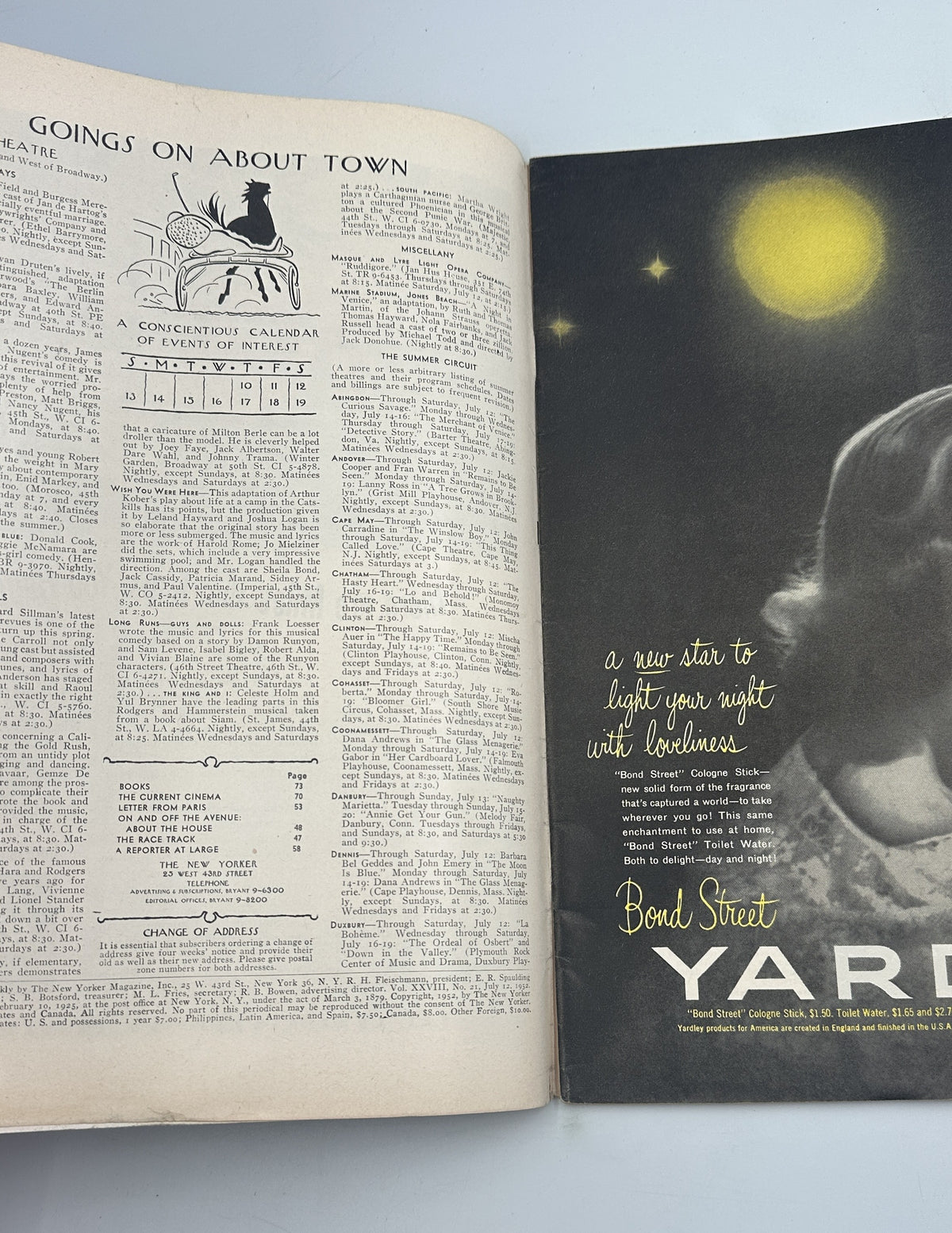 The New Yorker Magazine July 12, 1952 Conductor Peter Arno Cover shown open to an interior spread with the Going On About Town section and a vintage Yardley advertisement.