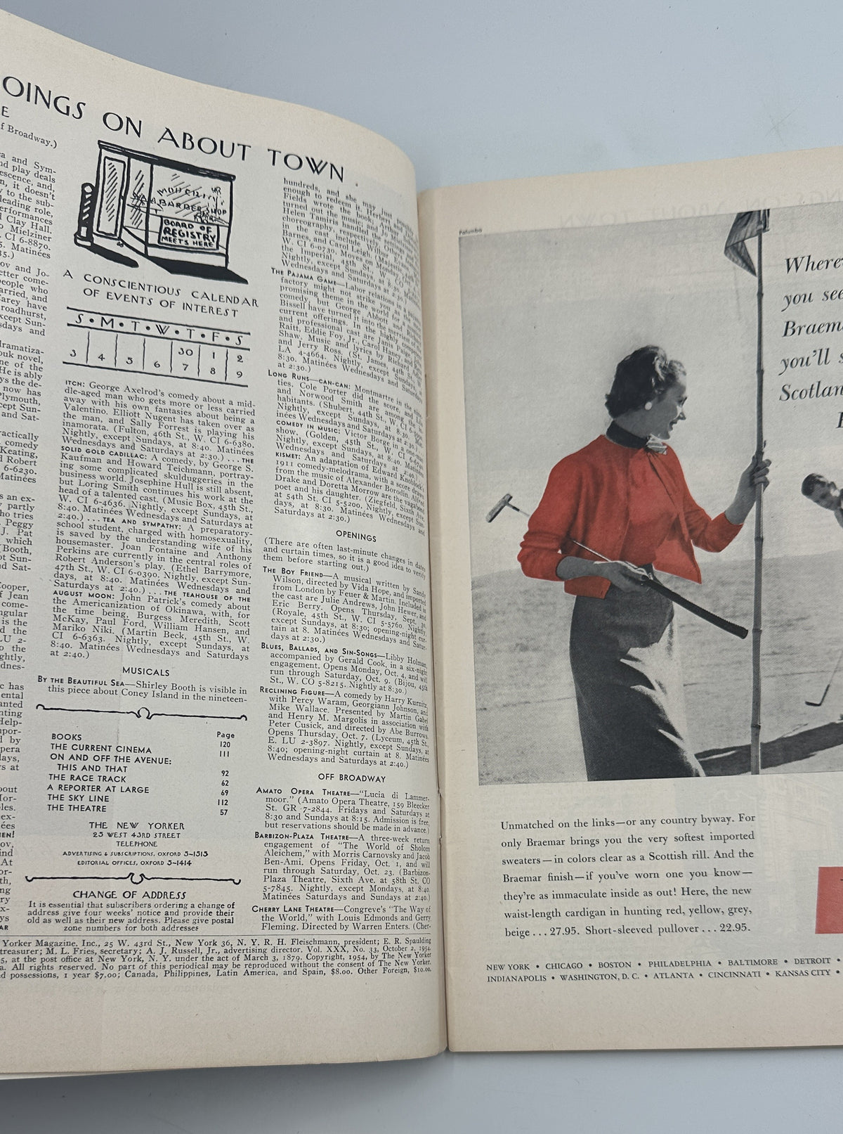 The New Yorker Magazine October 2, 1954 Baseball Statue Stage Charles Martin Cover opened to an illustrated interior spread with newspaper-style text and a woman holding a golf club.