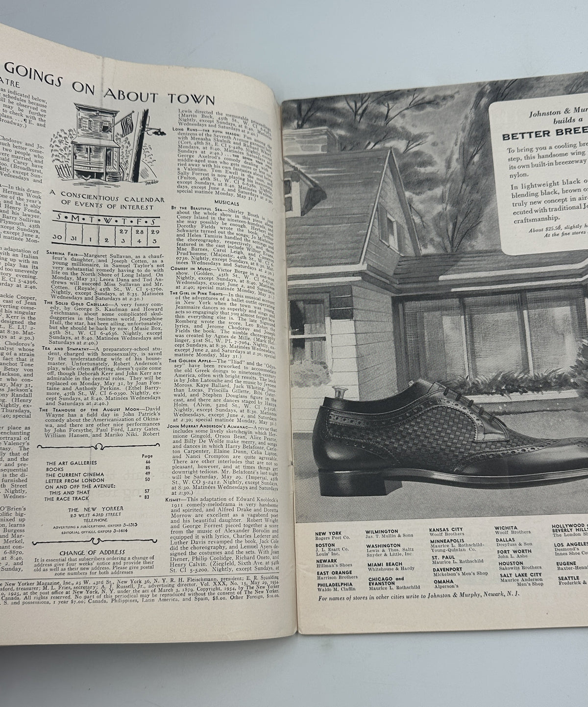 The New Yorker Magazine May 29, 1954 Bridal Fashion Edna Eicke Cover shown open to interior pages with Going On About Town listings and a vintage shoe advertisement