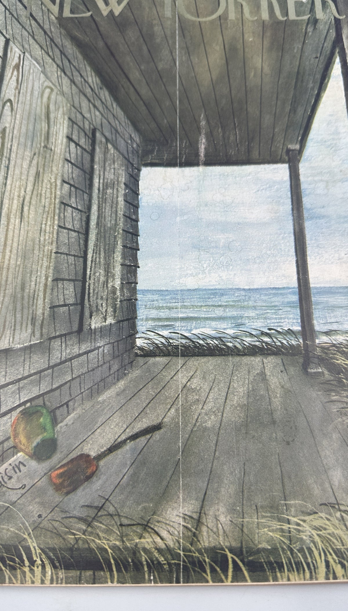 The New Yorker Magazine October 23, 1954 Seaside Porch Roger Duvoisin Cover close-up, featuring the ocean-view porch illustration and beach toys on the wooden floor.