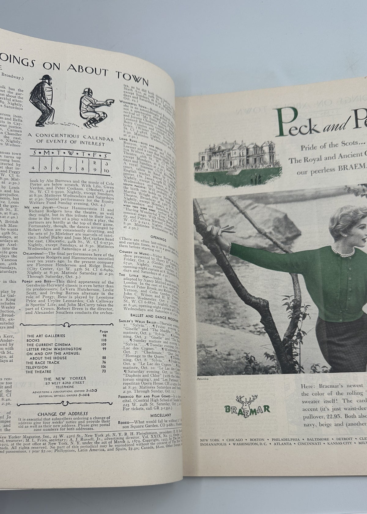 The New Yorker Magazine October 3, 1953 Butterfly Charles Addams Cover, interior pages showing the table of contents and a vintage Peck and Peck advertisement.