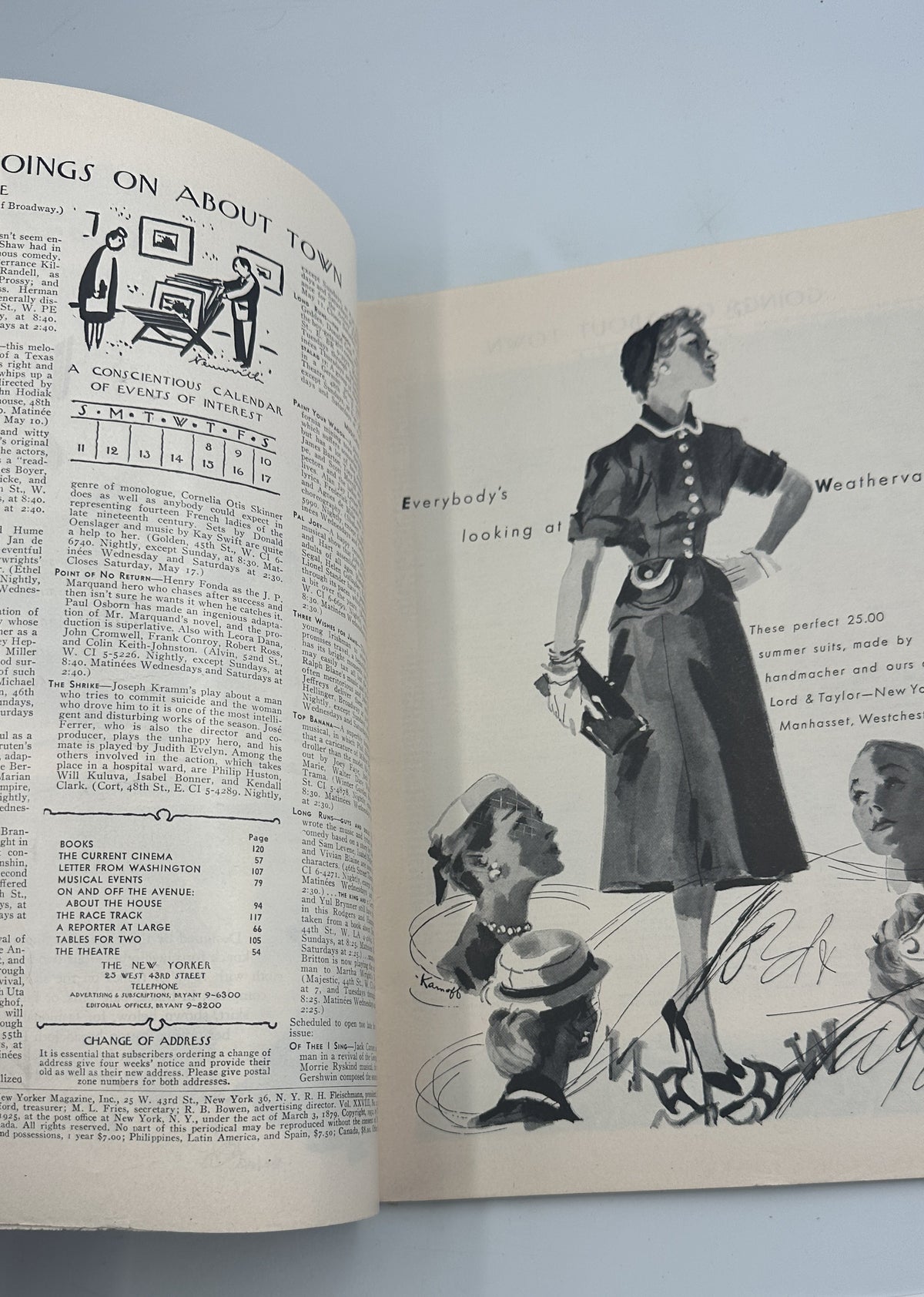 The New Yorker Magazine May 10, 1952 Rainy Orchard Abe Birnbaum Cover, interior page with a vintage fashion illustration and magazine text.