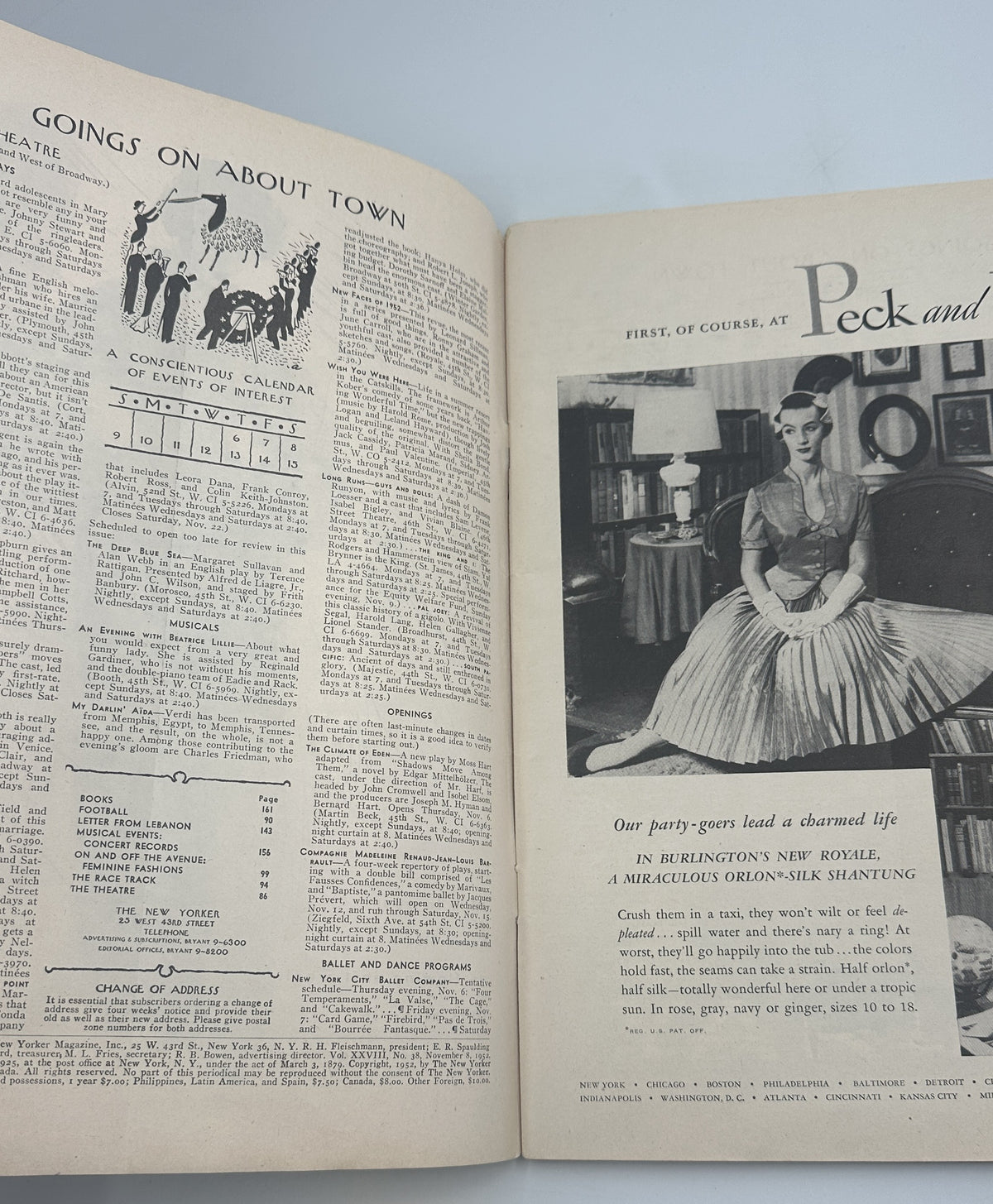 The New Yorker Magazine November 8, 1952 Constantin Aladjalov Club Cover opened to interior pages featuring the Going On About Town listings and a fashion article with a black-and-white photograph.