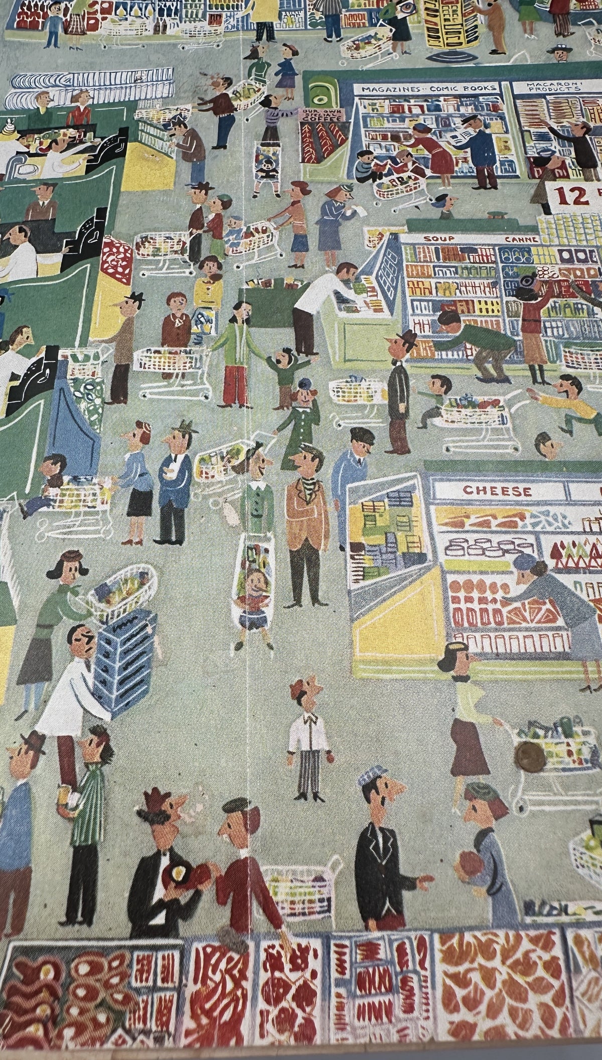 The New Yorker Magazine May 8, 1954 Supermarket Grocery Store Charles Martin Cover, close-up view of the colorful supermarket scene and shoppers on the vintage cover.