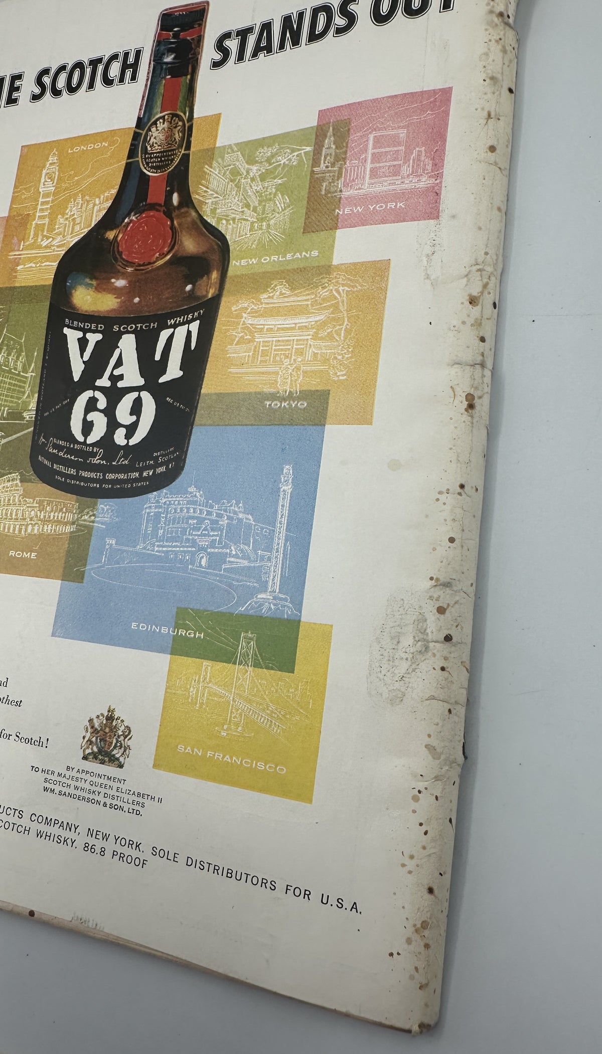 The New Yorker Magazine October 26, 1957 School Garrett Price Cover interior page showing a vintage VAV 69 bottle advertisement and significant age wear