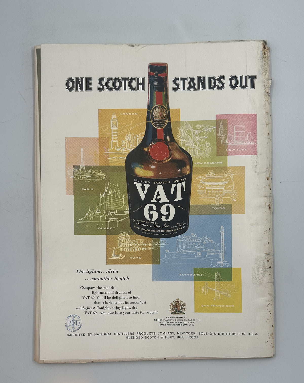 The New Yorker Magazine October 26, 1957 School Garrett Price Cover, back cover featuring a Vat 69 Scotch whisky advertisement with a vintage bottle design.