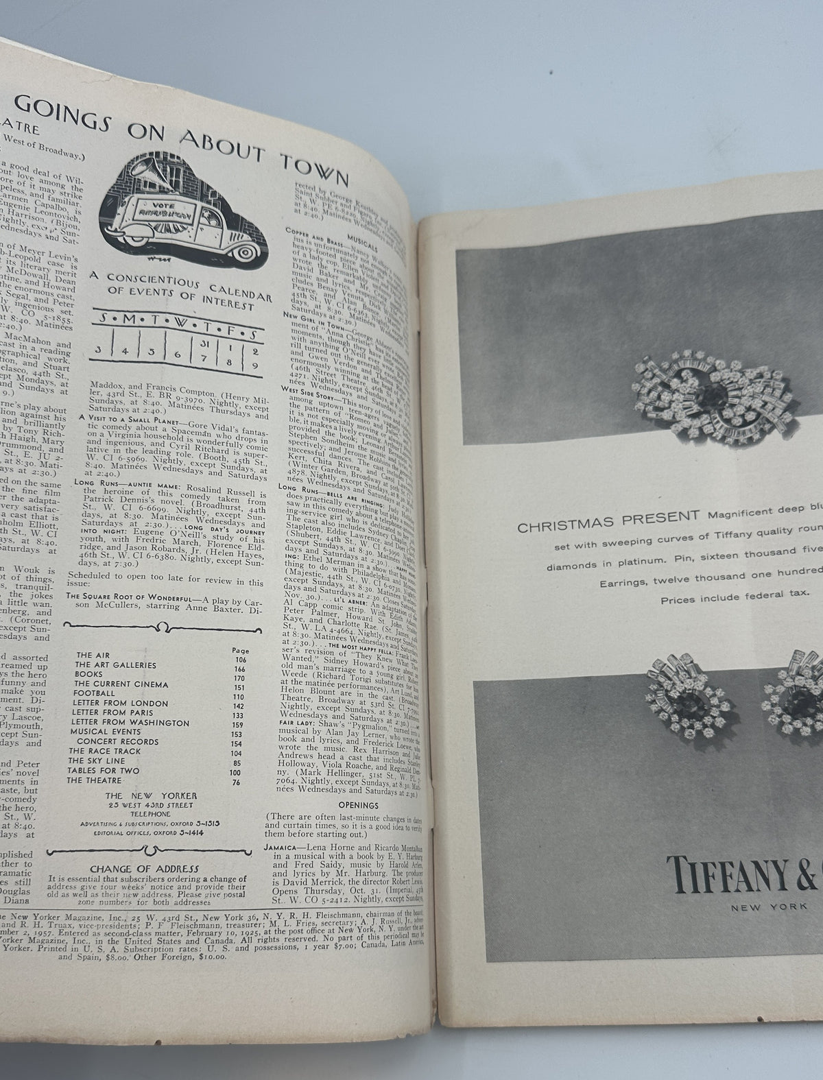 The New Yorker Magazine November 2, 1957 Halloween Abe Birnbaum Cover opened to interior pages showing the Going On About Town listings and a Tiffany Christmas jewelry advertisement.