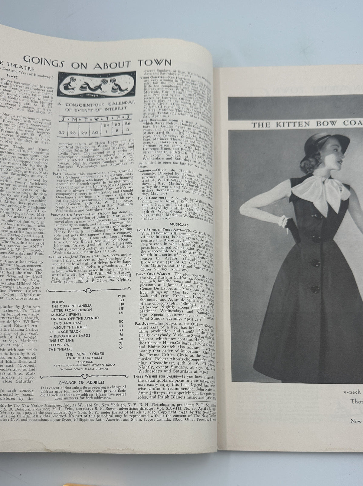 The New Yorker Magazine April 26, 1952 Boat Willow Garrett Price Cover opened to interior pages featuring magazine listings and a fashion advertisement