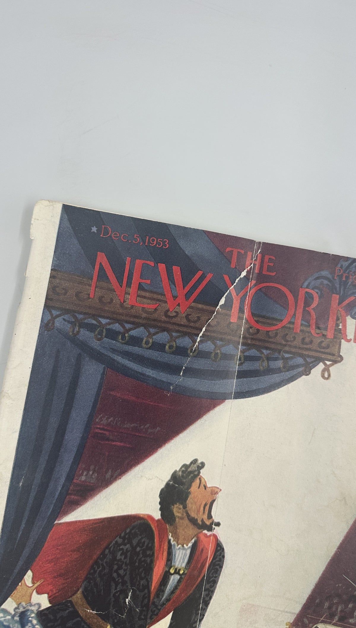 The New Yorker Magazine December 5, 1953 Stage Opera Constantin Aladjalov Cover, close-up view of the vintage cover art and visible creases and wear.