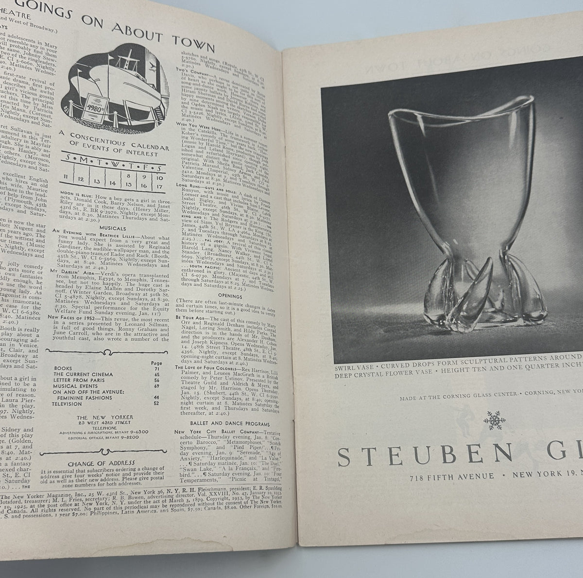 The New Yorker Magazine January 10, 1953 Bedroom Mirror Mary Petty Cover opened to an interior spread with editorial text and a Steuben glassware advertisement.
