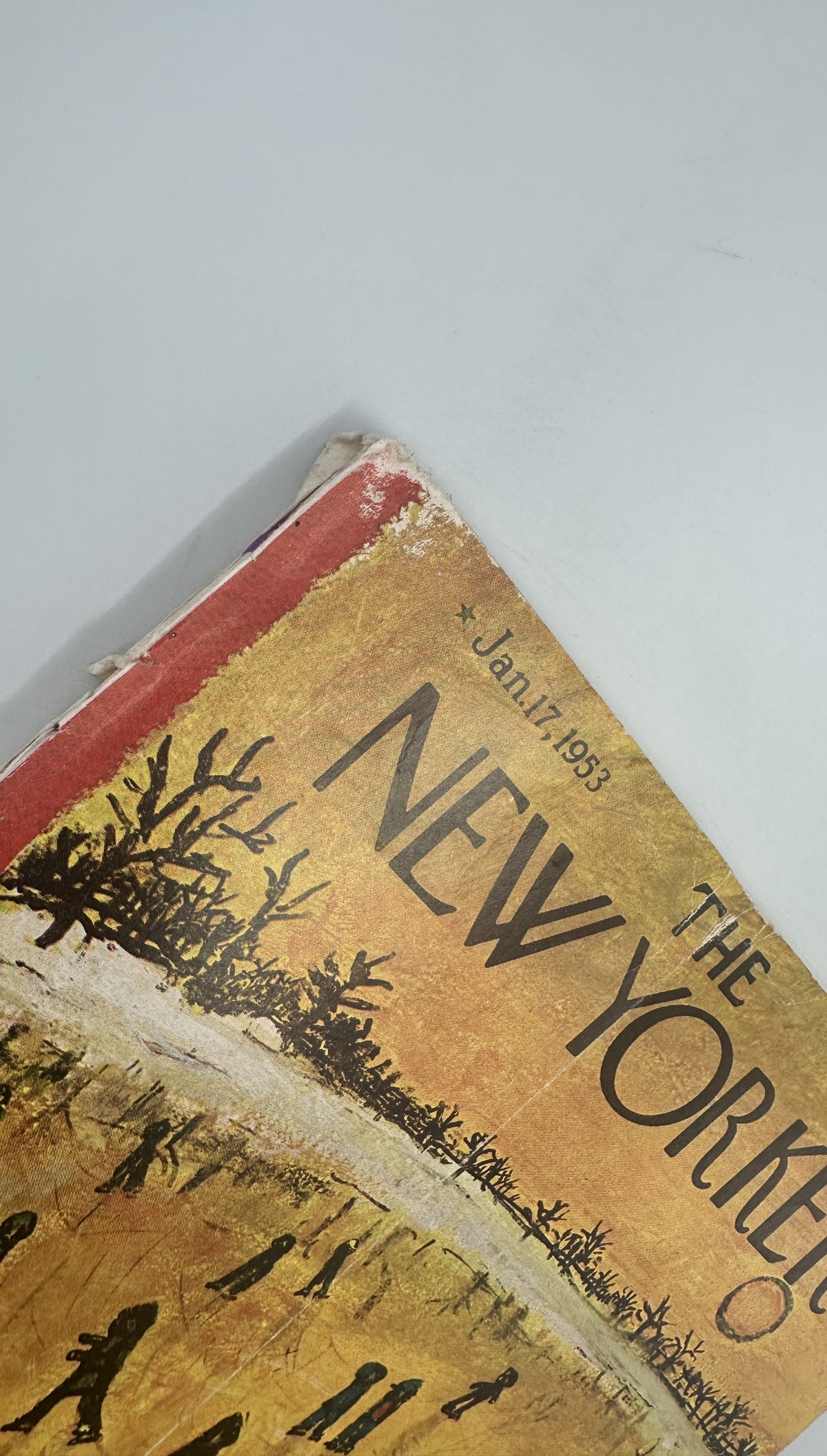 The New Yorker Magazine January 17, 1953 Ice Skating Abe Birnbaum Cover close-up showing worn upper corner, cover crease, and printed date