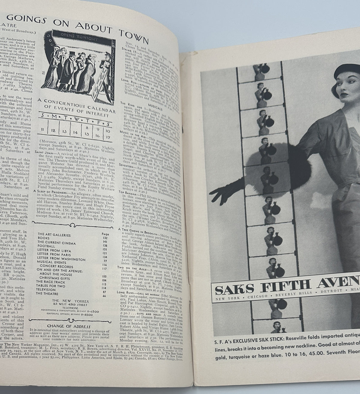 The New Yorker Magazine November 10, 1951 Cat Kittens Garrett Price Cover shown open to interior pages with the Goings On About Town listings and a Saks Fifth Avenue fashion advertisement.