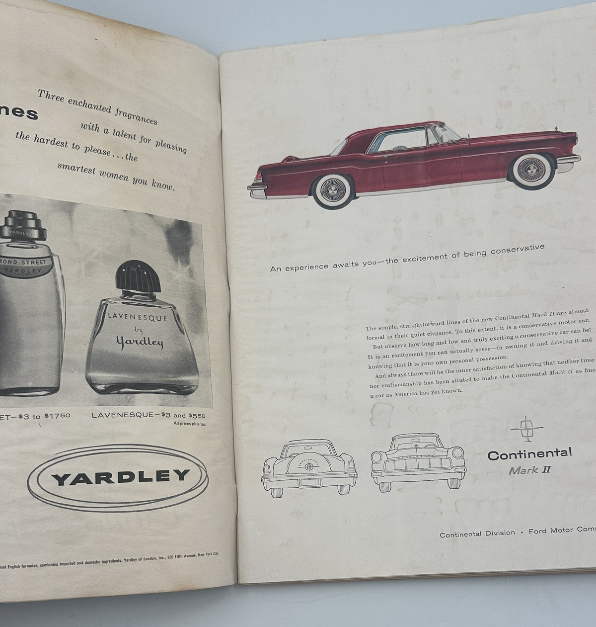 The New Yorker Magazine December 10, 1955 Christmas City Lights Daniel Brustlein Cover interior advertising page featuring Yardley perfume, a red vintage automobile, and Continental styling.
