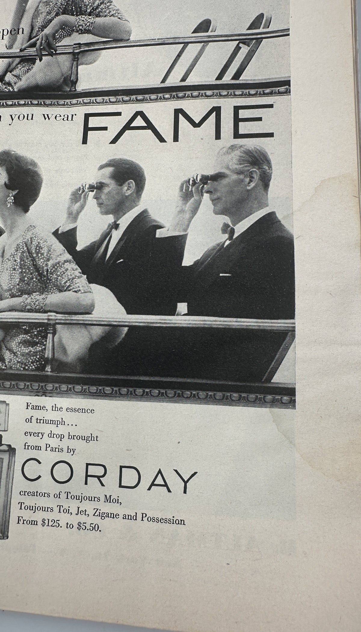 The New Yorker Magazine December 10, 1955 Christmas City Lights Daniel Brustlein Cover interior page with a black-and-white rowing scene, the headline Fame, and a Corday fragrance advertisement.