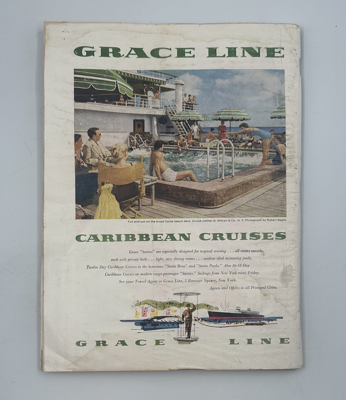 The New Yorker Magazine December 10, 1955 Christmas City Lights Daniel Brustlein Cover vintage Grace Line Caribbean Cruises advertisement with poolside cruise scene