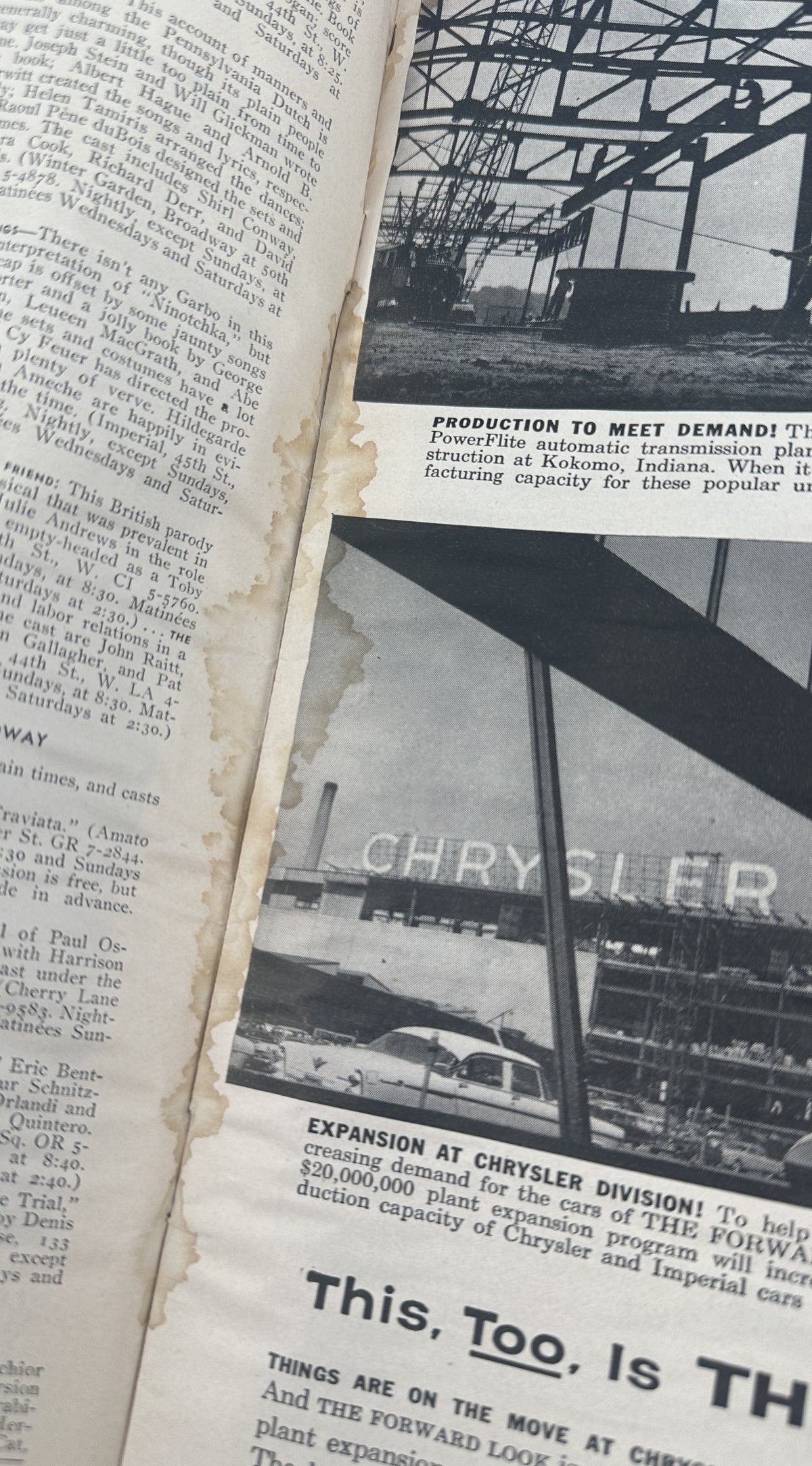The New Yorker Magazine July 23, 1955 Picnic Music Score Ilonka Karasz Cover, showing an interior page with a vintage Chrysler automobile advertisement and editorial text.