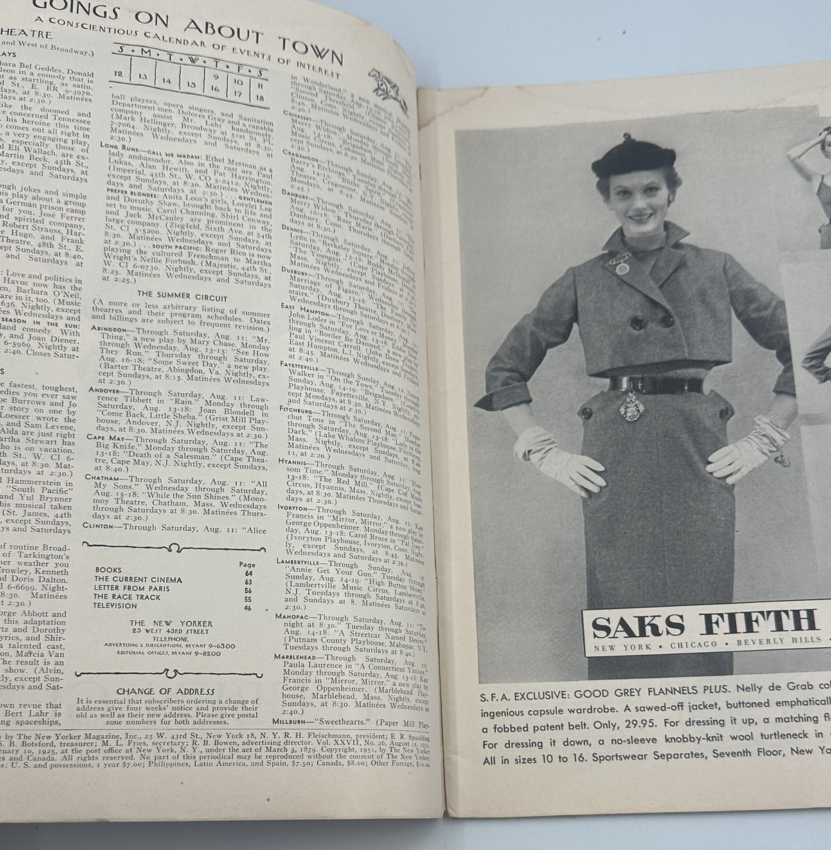 The New Yorker Magazine August 11, 1951 Art Gallery Garrett Price Cover interior page showing the table of contents beside a vintage Saks Fifth Avenue fashion advertisement.