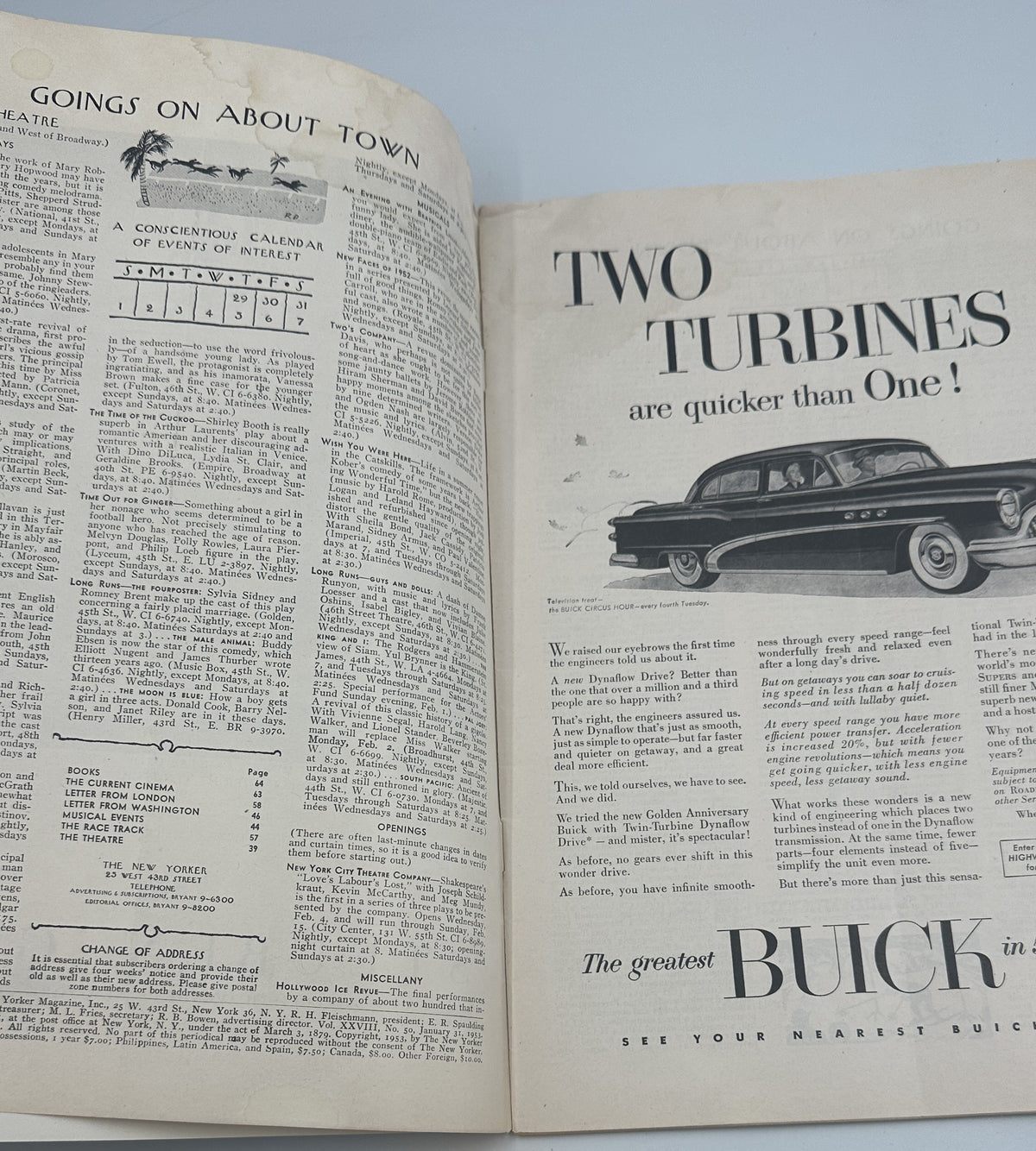 The New Yorker Magazine January 31, 1953 Winter Travel Garrett Price Cover opened to interior pages featuring a Buick advertisement and magazine content.