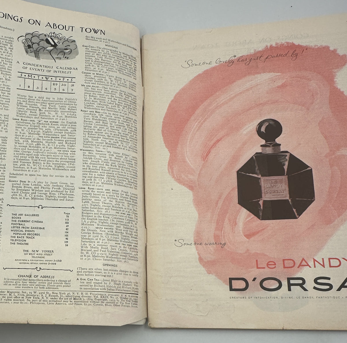 The New Yorker Magazine October 31, 1953 Halloween Pumpkin Edna Eicke Cover opened to an interior spread with magazine text and a vintage Le Dandy d'Orsay perfume advertisement