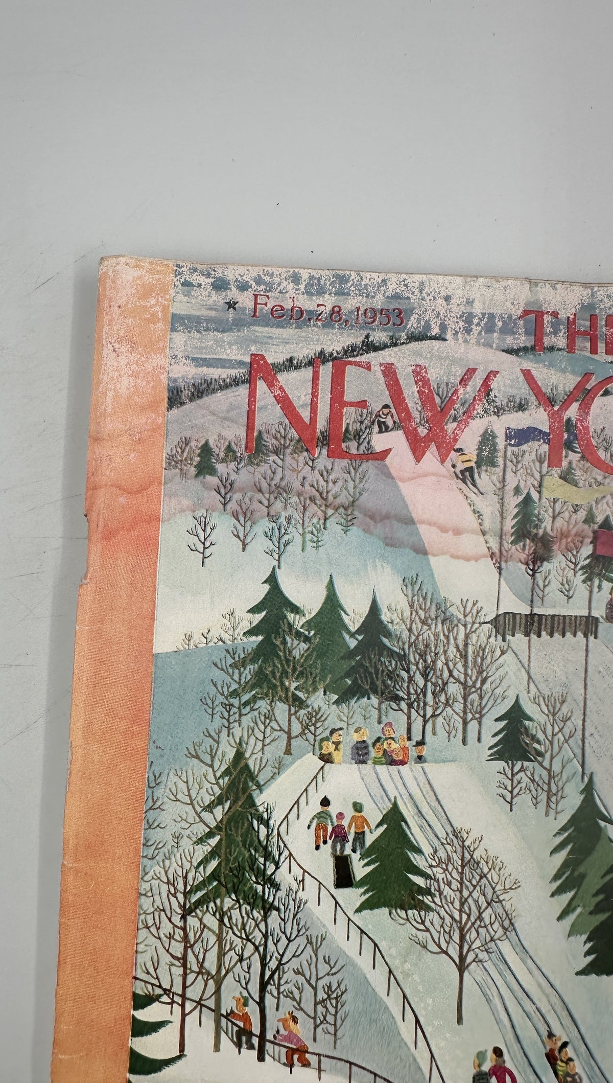 The New Yorker Magazine February 28, 1953 Ski Jump Winter Charles Martin Cover, showing the illustrated winter ski jump cover with skiers and snowy trees.