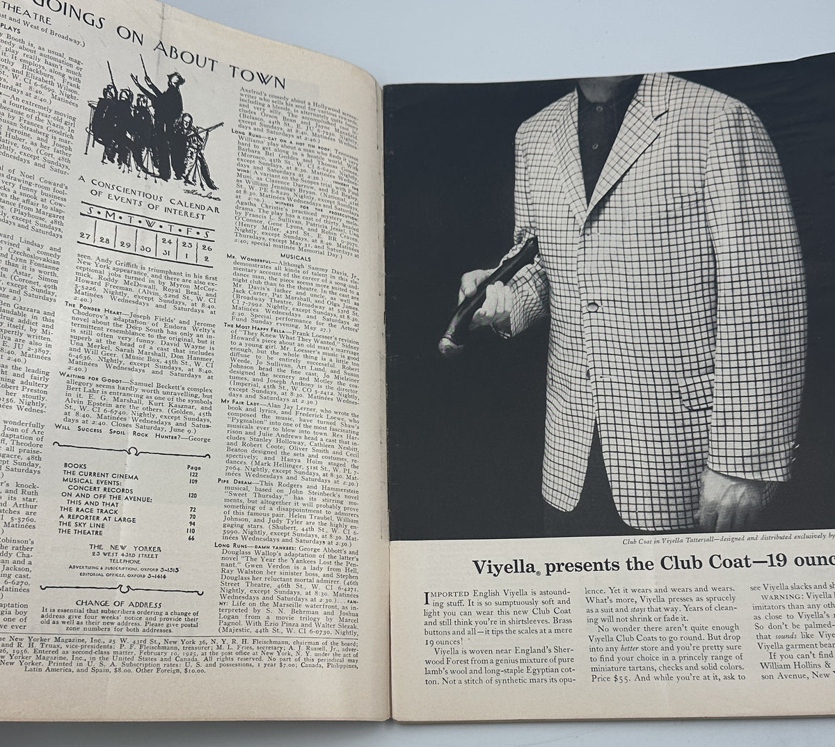 The New Yorker Magazine May 26, 1956 Golf Course Arthur Getz Cover interior spread featuring a Going On About Town column and a black-and-white Club Coat fashion advertisement.