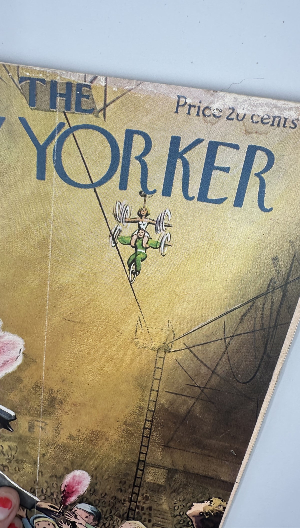 The New Yorker Magazine April 6, 1957 Circus Tightrope Arthur Getz Cover showing a vintage circus tightrope performer illustration and visible magazine wear