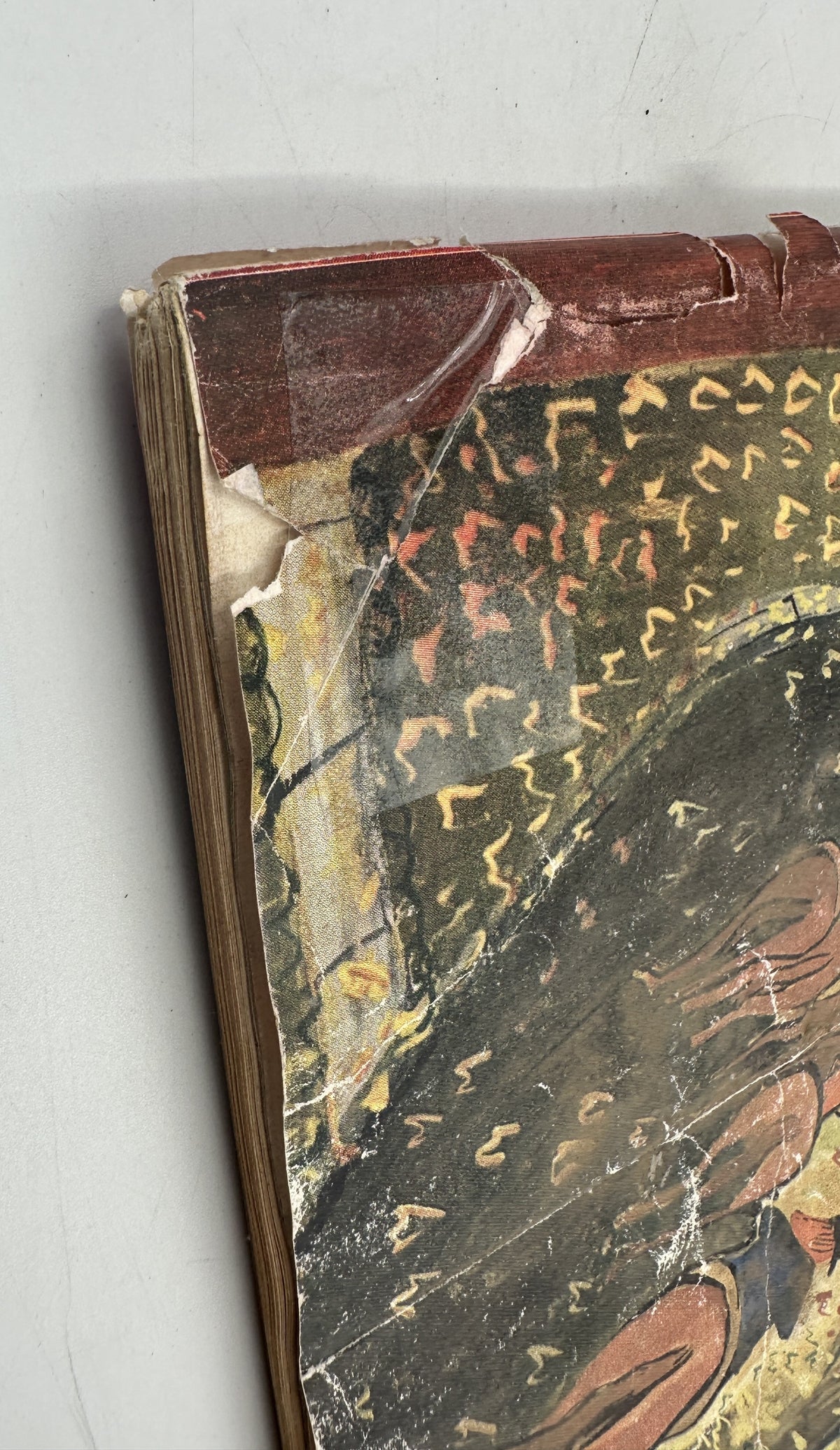 The New Yorker Magazine October 9, 1954 Autumn Horse Ludwig Bemelmans Cover, close-up of worn spine, torn upper edge, and cover damage.