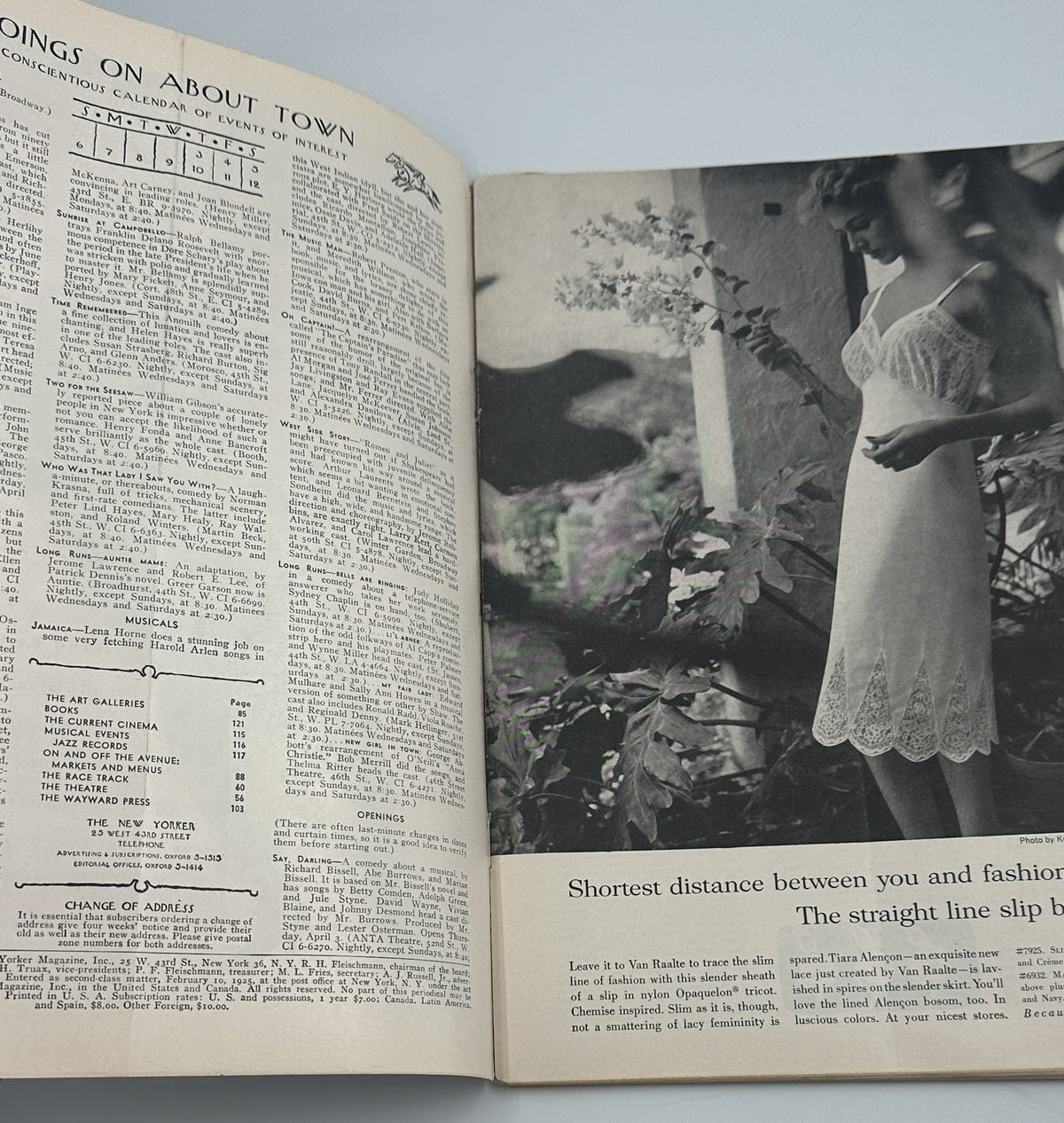The New Yorker Magazine April 5, 1958 Florist Garrett Price Cover open interior spread featuring a vintage fashion advertisement with a woman in a white dress and printed magazine contents page