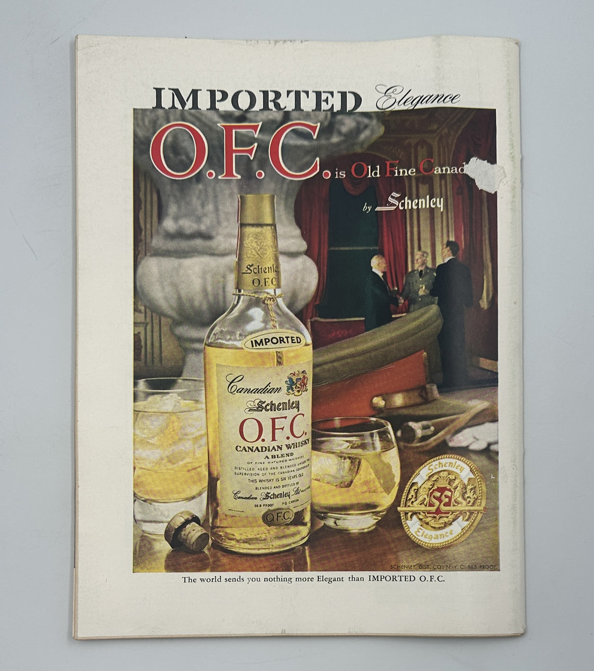 The New Yorker Magazine February 22, 1958 Top Hat Butterfly Rea Irvin Cover featuring a vintage O.F.C. Canadian whisky advertisement with a bottle and lounge scene