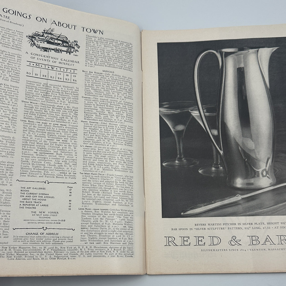 The New Yorker Magazine January 19, 1957 Winter Snowplow Edna Eicke Cover opened to interior pages with Going On About Town listings and a vintage Reed & Barton silver advertisement