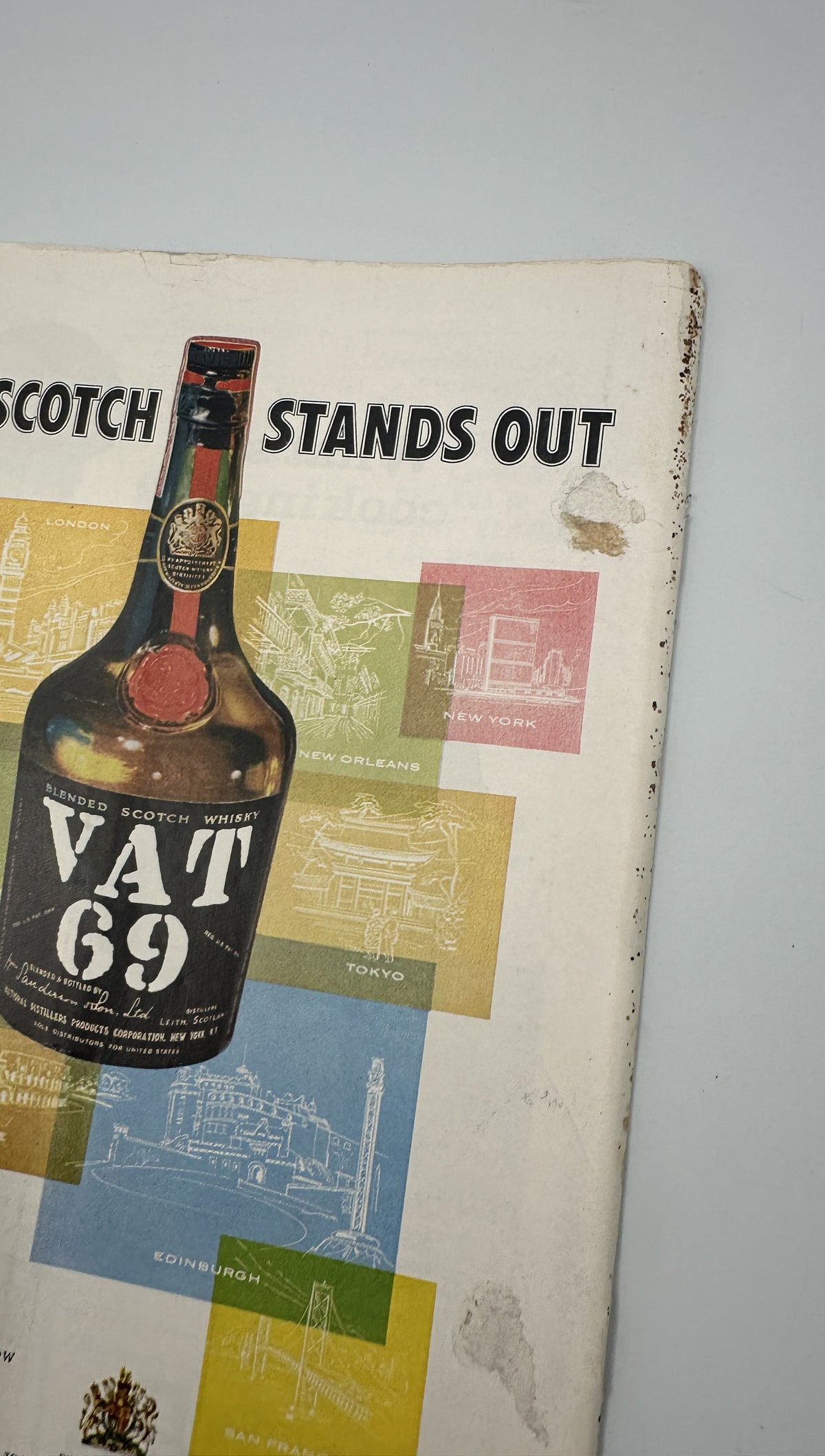 The New Yorker Magazine January 19, 1957 Winter Snowplow Edna Eicke Cover interior advertisement featuring a Vat 69 Scotch whisky bottle and colorful graphic panels