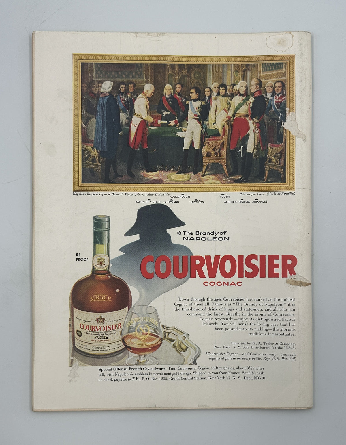 The New Yorker Magazine September 28, 1957 County Fair Ilonka Karasz Cover with a full-page vintage Courvoisier Cognac advertisement featuring a Napoleon portrait, bottle, glass, and historical scene.