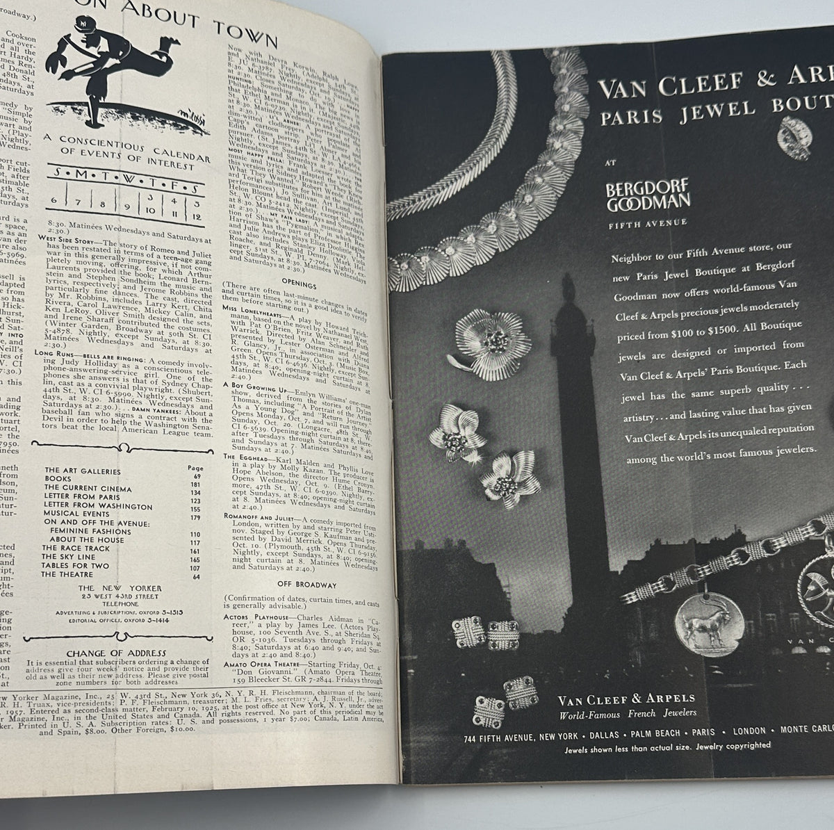 The New Yorker Magazine October 5, 1957 NYC Garage Arthur Getz Cover, interior pages featuring the table of contents and a Van Cleef & Arpels Paris jewelry advertisement.