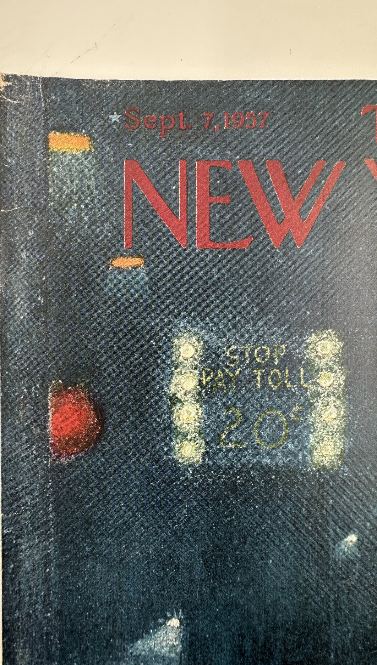 The New Yorker Magazine September 7, 1957 Night Traffic Garrett Price Cover, close-up view of the vintage cover date, New Yorker masthead, and illuminated nighttime traffic artwork.