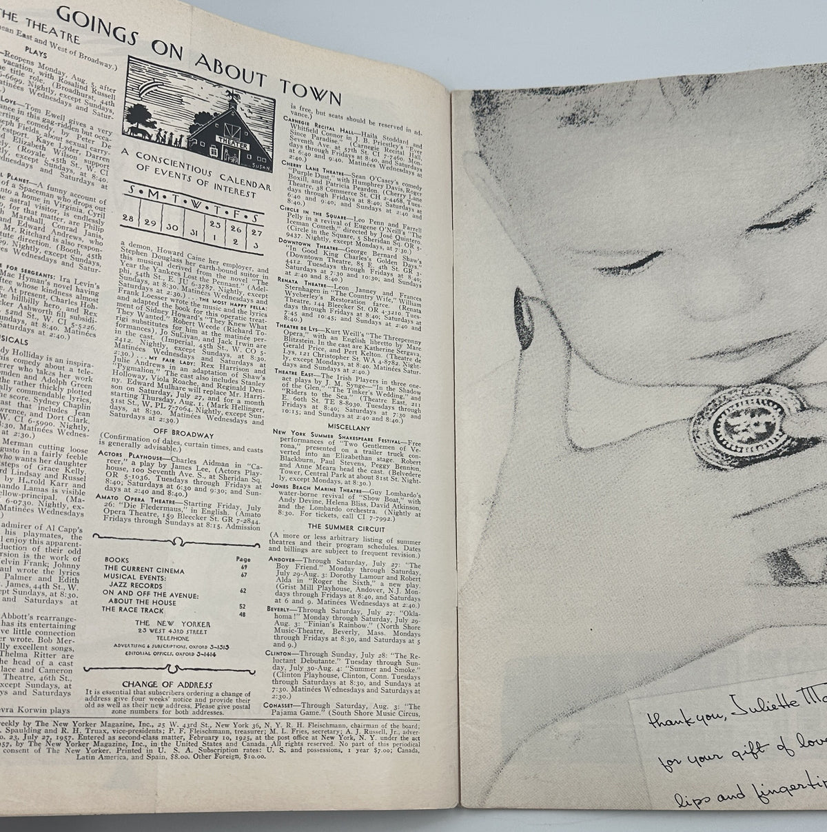 The New Yorker Magazine July 27, 1957 Surf Club Beach Edna Eicke Cover, interior spread featuring Going On About Town listings and a black-and-white portrait